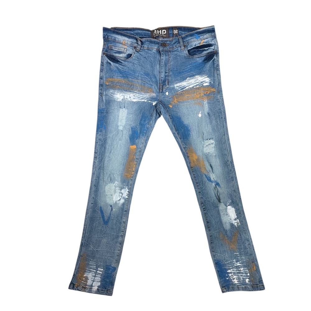 AHP Another Hype Piece‎ Mens 32x32 Slim Fit Paint Splatter Distressed Blue Jeans